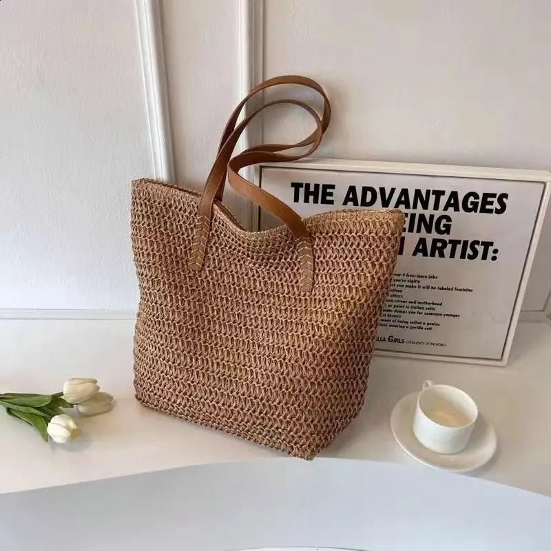 Summer Beach Bag Large Capacity Tote Shoulder Bag Women Handmade Woven Straw Rattan Reusable Eco-Friendly Bohemian Stylish Grass 250530