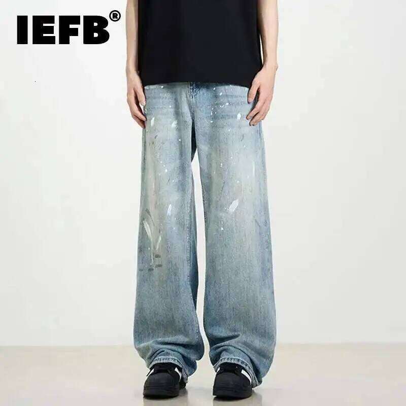 IEFB American Style Men's Denim Pants Splashed Ink Washed Jeans Contrast Color Straight Wide Leg Casual Male Trousers New 9W669