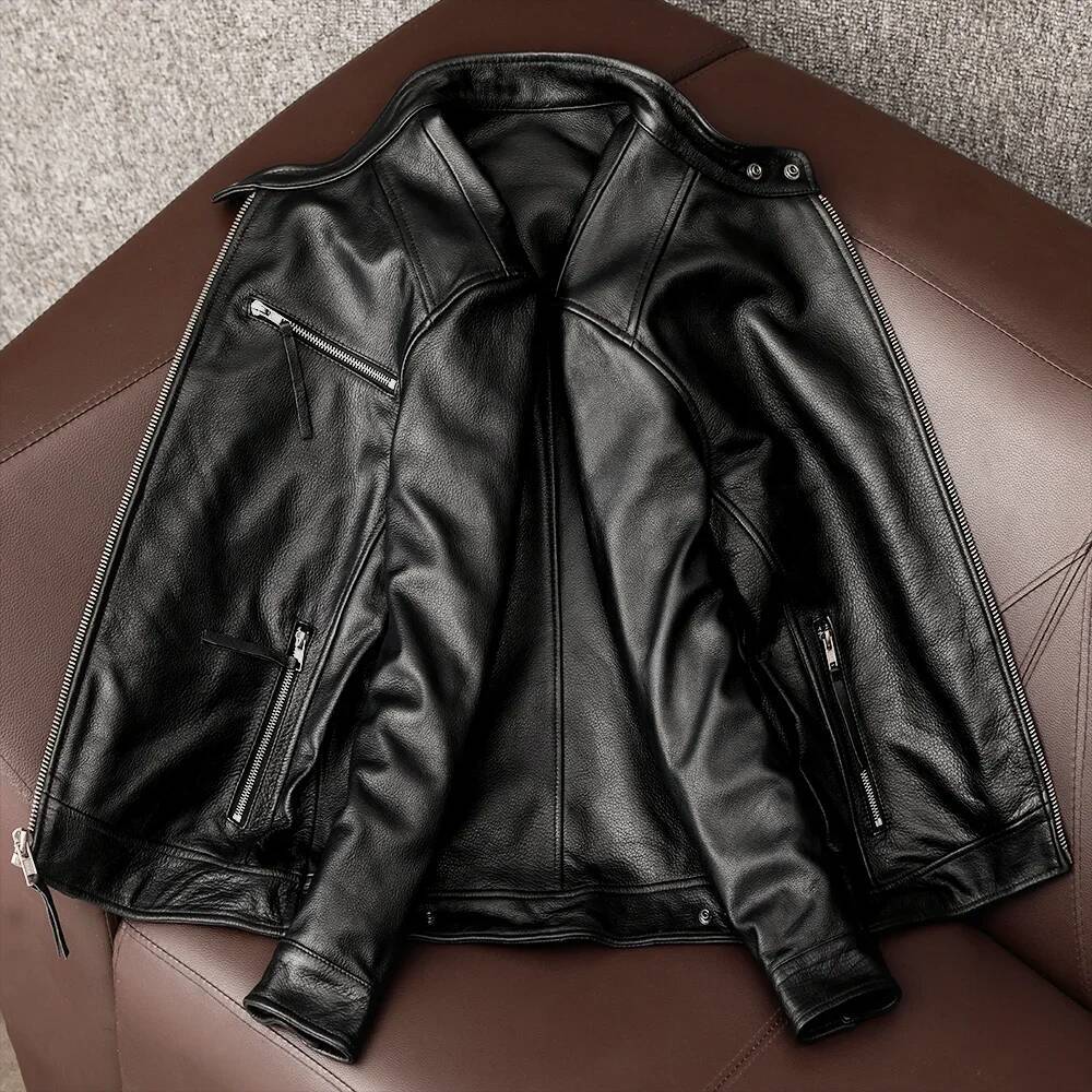 New Trendy Pure Top Layer Soft Cowhide Genuine Men's Slim-Fit Stand-Up Collar Leather Jacket Coat