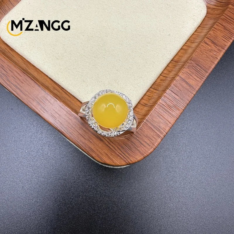 Natural Amber Silver Ring Adjustable Mens and Womens Fancy Blue Amber Ring Fashion Exquisite Gift Luck Mascot 250526