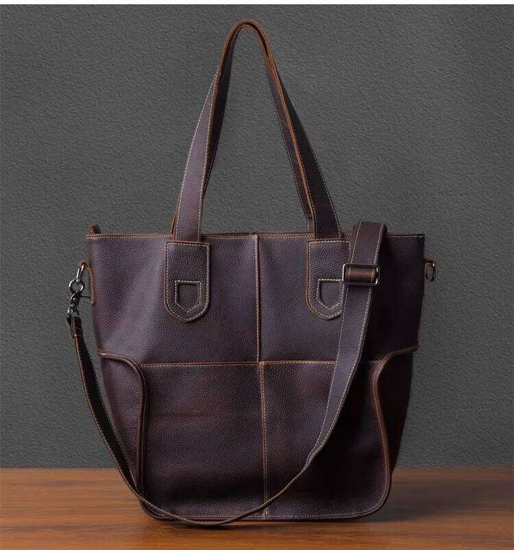 Large Capacity Vintage Natural Genuine Leather Men Tote Casual Simple Cowhide Oversized Shopping Shoulder Bag Handbag