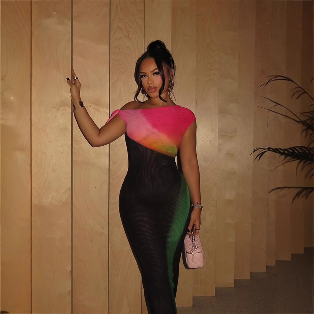 Designer T Shirt Autumn New Fashion Versatile Stretch Color Block Slim Sexy Asymmetric Neck Long Dress Bodycon Dress For Women Essentials Summer Dress