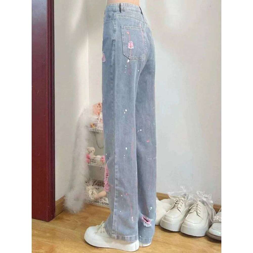 Woman Ripped Jeans Straight Leg High Waist Shot Loosefit Denim Pants For Women Pant Aesthetic 2025 Quality Teenagers Trousers