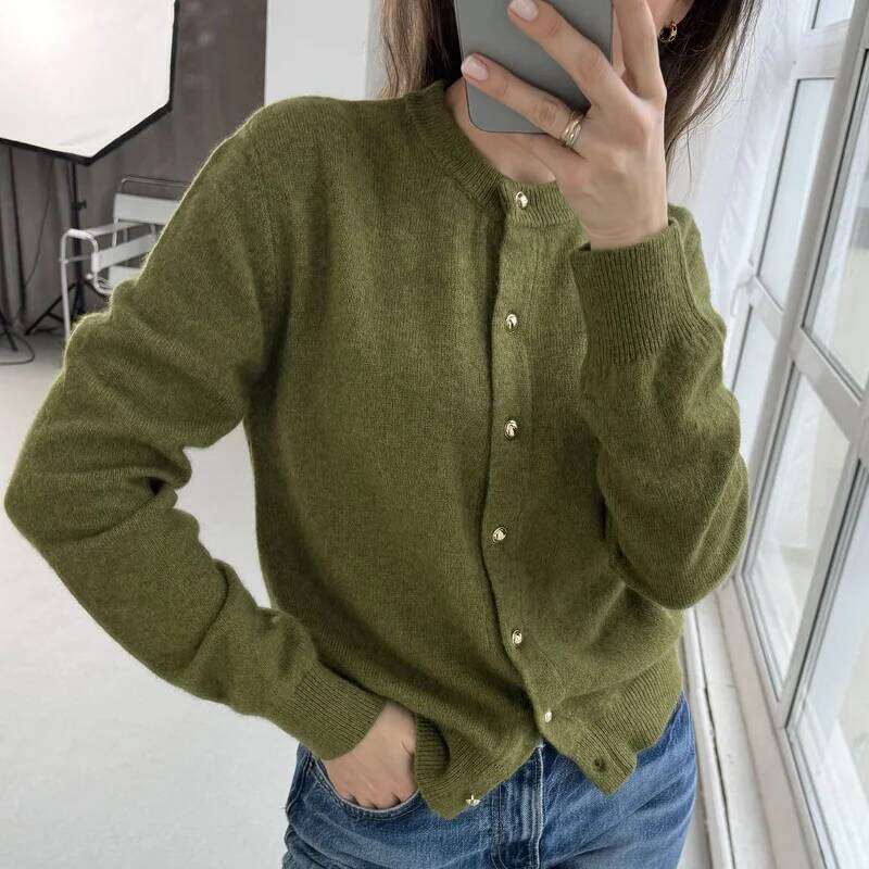 Autumn Women's Casual Wool Solid Color Round Neck Long Sleeve Loose Cardigan Sweater