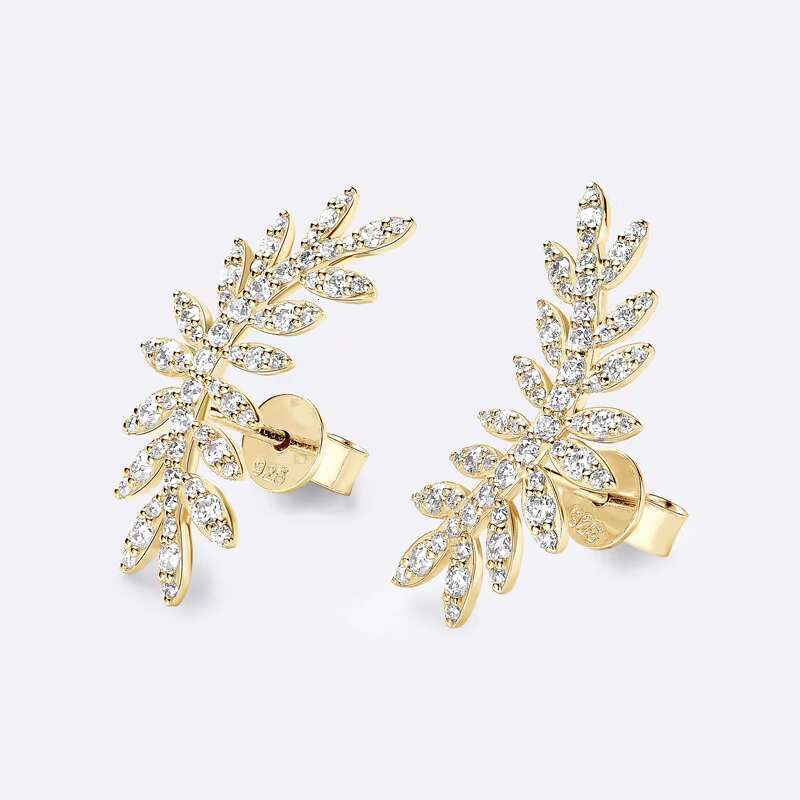 Exquisite Original Design 925 Sterling Silver Round Cut Moissanite Leaf-Shaped Climber Stud Earrings for Women Piercing Jewelry
