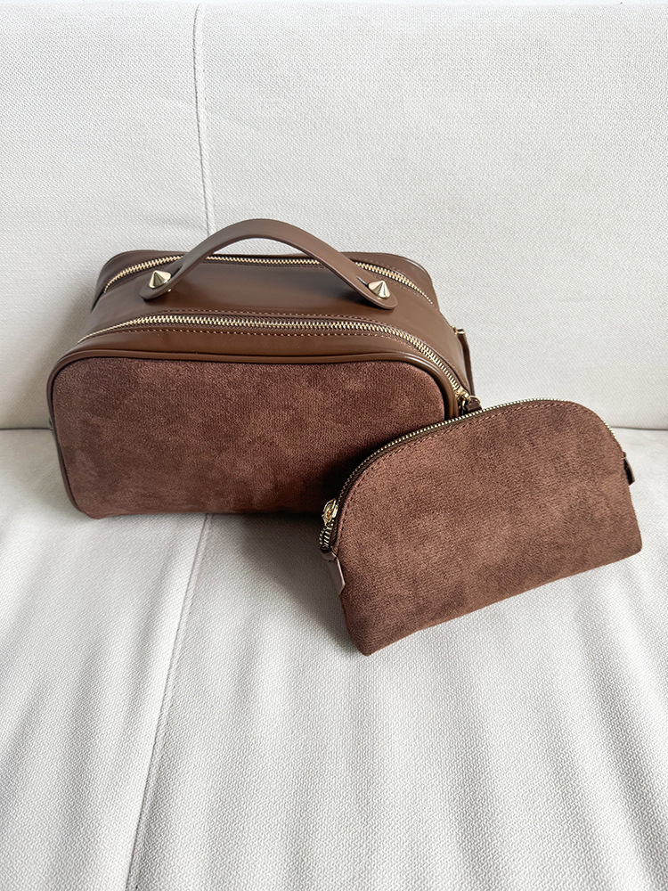 designer High-End Portable Handheld Matte Leather Makeup Bag Large Capacity Double Zipper Mother-Daughter Two-Piece Set Toiletry Storage Bag