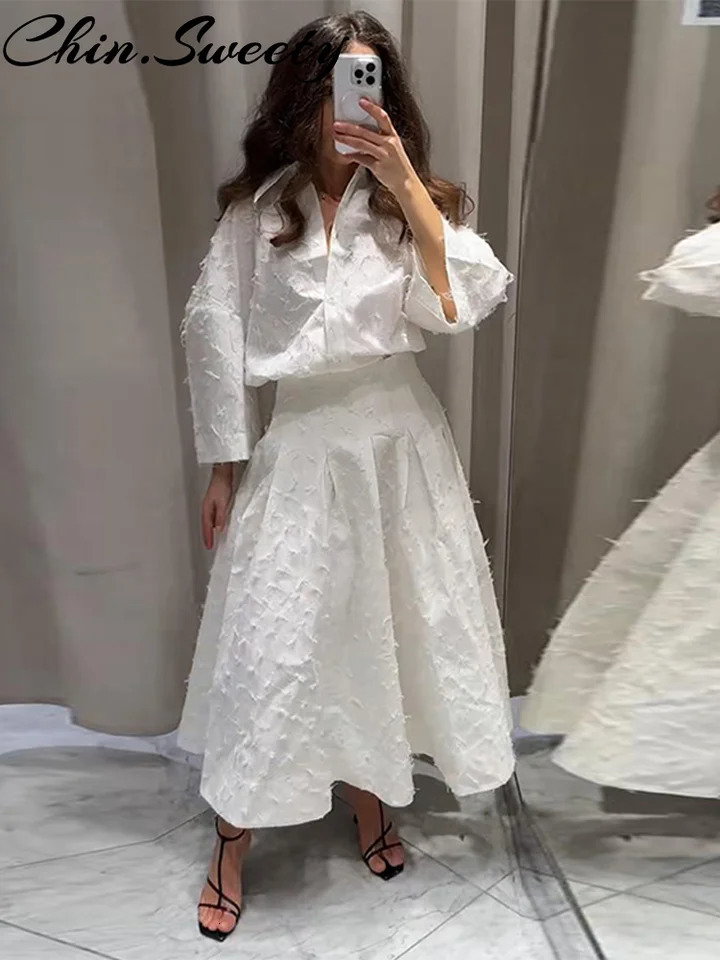 Elegant White Tassel Shirt Skirt Women Outfit Lapel Three-quarters Sleeve Shirts Pleated Skirts 2025 Summer 2 Pieces Lady Set 250530