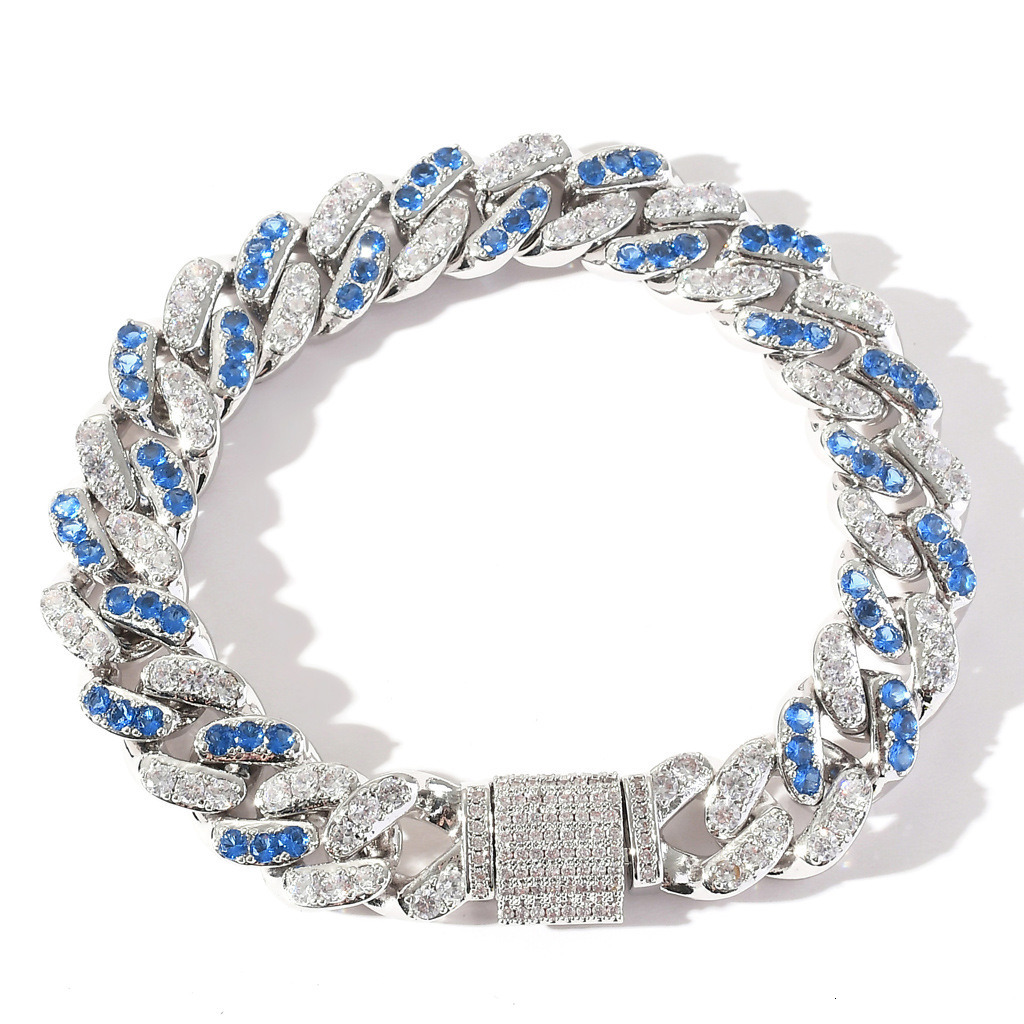 Hip hop Bracelet 12mm micro inlaid sea blue white Moissanite Cuban chain hipHip hop fashion accessories moissanite
