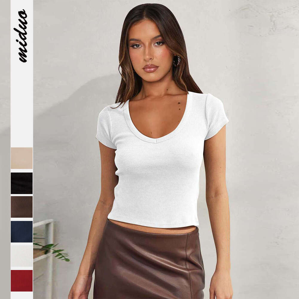 New Solid Color Slim Fit Cropped Sleeve Top Summer Short T-Shirt V-Neck Ribbed Knit Women's Clothing