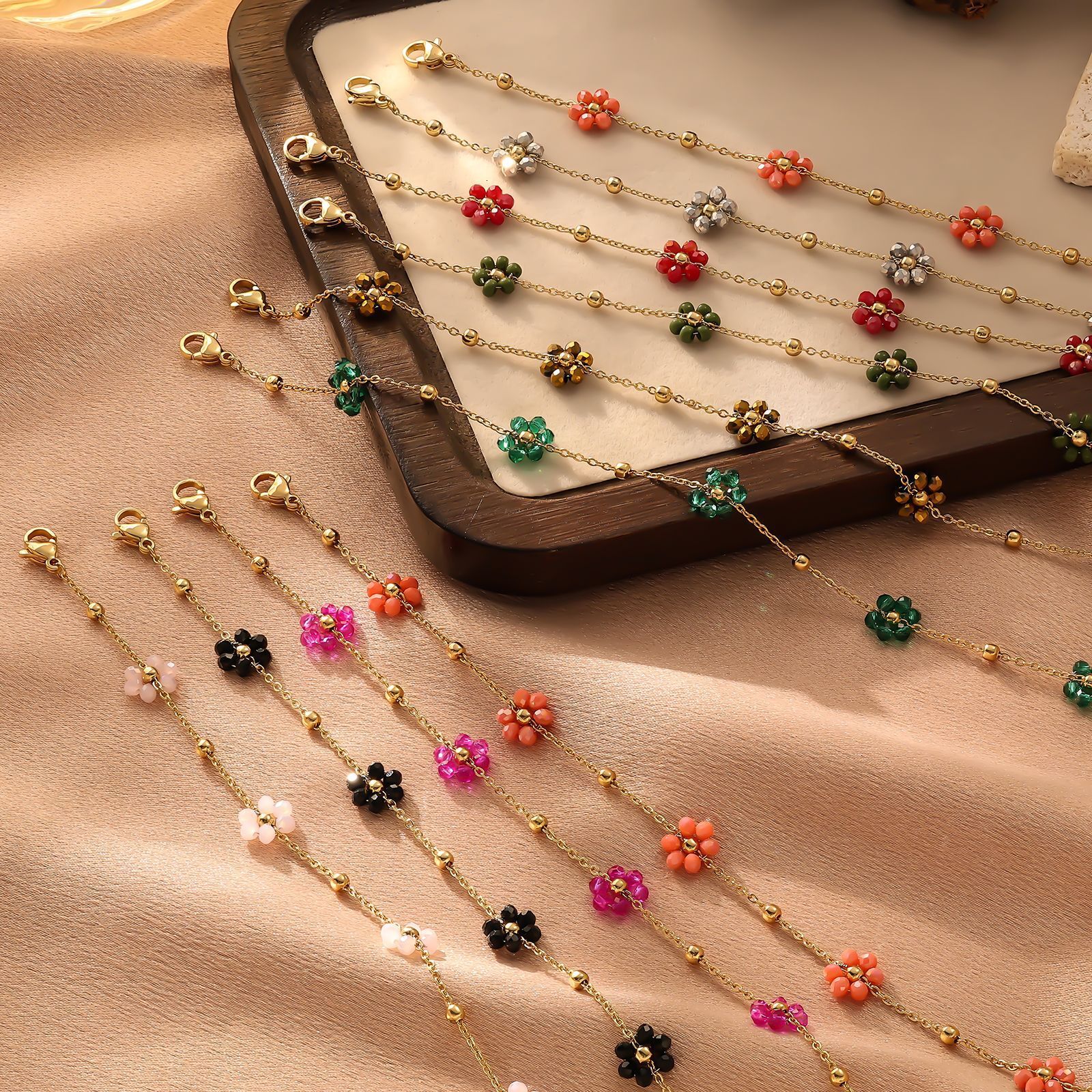 Fresh Crystal Round Bead Small Flower Necklace Bracelet Sweet Women's