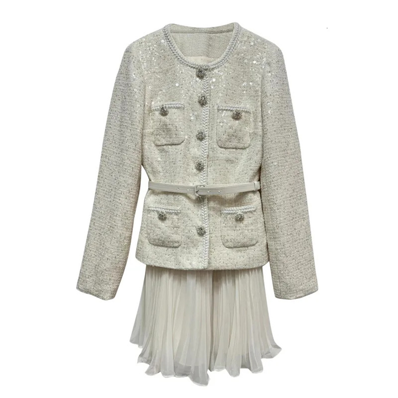 JAMERARY Runway Single Breasted Beaded Diamonds Buttons Sequins Tweed Chiffon Dress Women Two Piece Dresses 250529