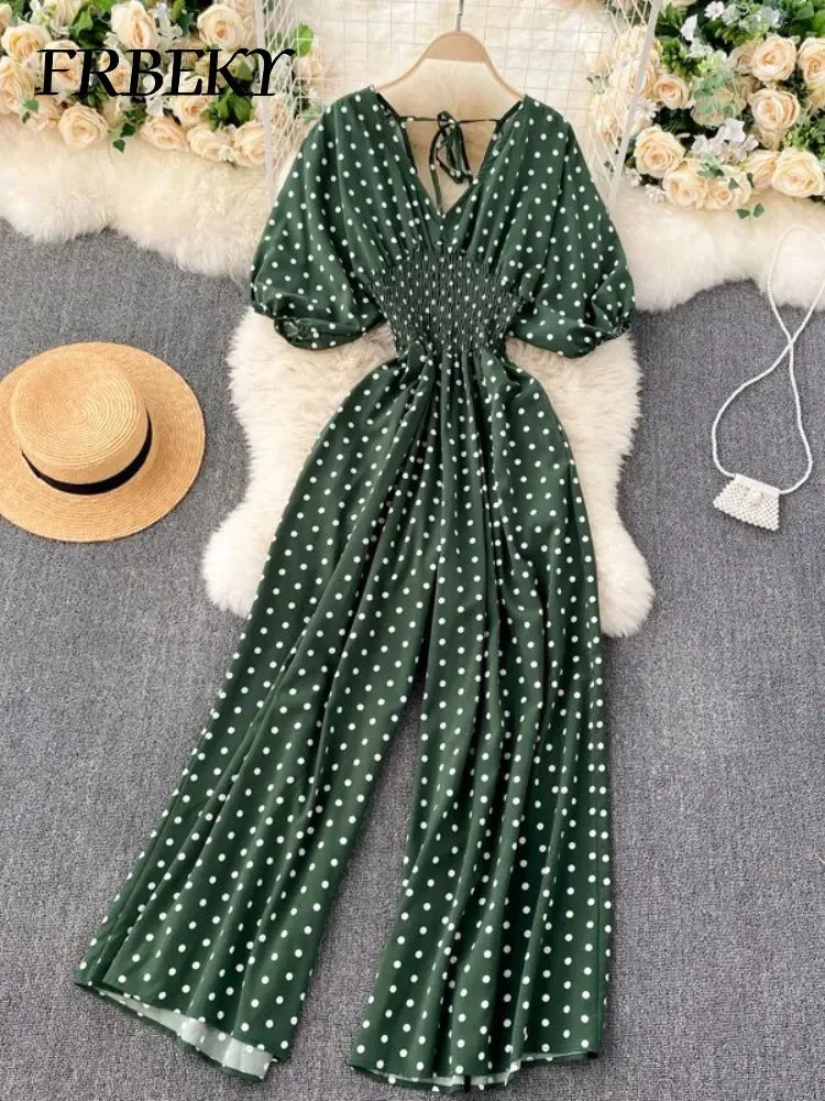 Jumpsuit Women Summer Temperament Polka Dot V-neck High Waist Casual Wide Leg Jumpsuit Elegant Party One Piece Jumpsuits 250530