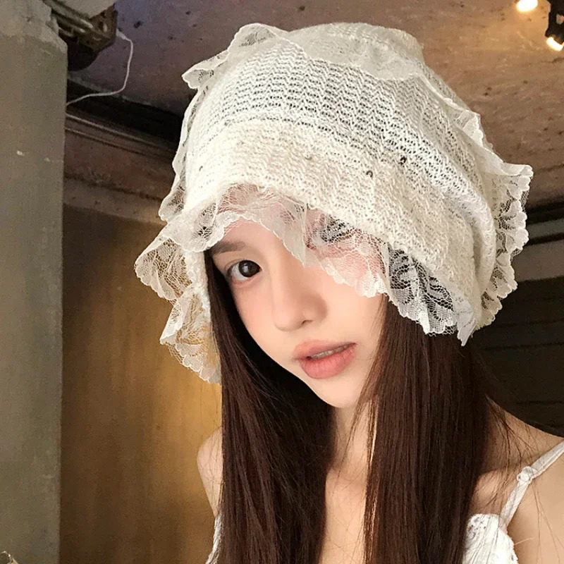 Korean Lace Hollow Pullover Hat Spring and Summer Sweet Versatile Breathable Thin Big Head Skull Beanie Cap for Womens 250530