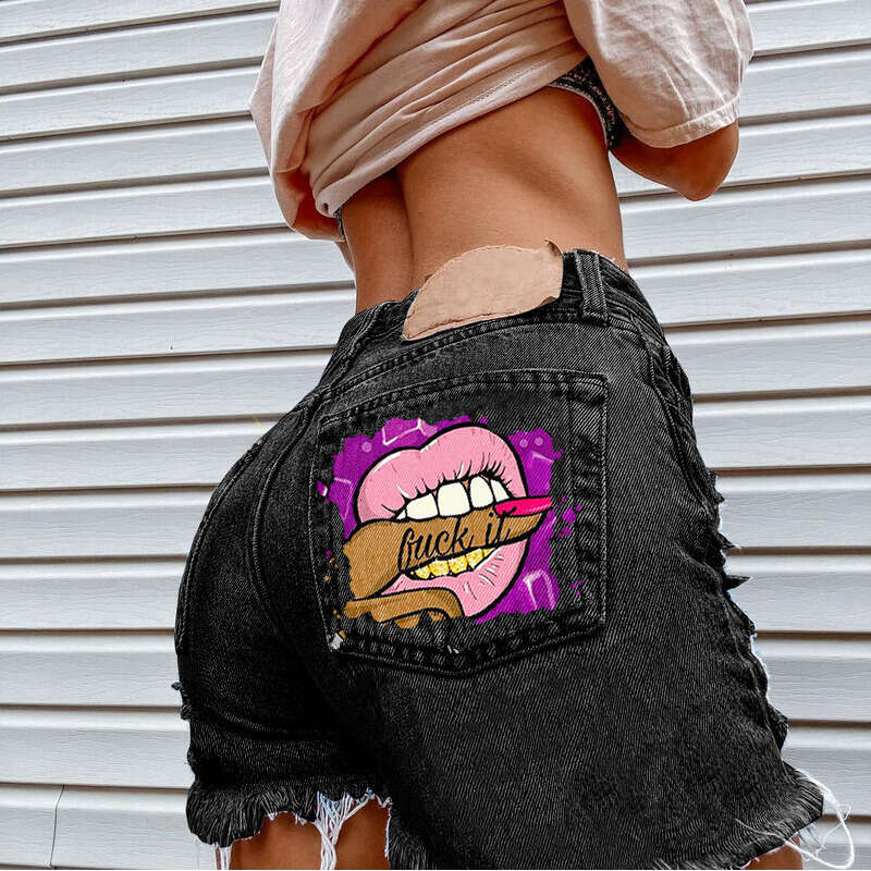 Denim Shorts Jeans Shorts Mouth Biting Finger Print Fashion Ripped Denim Shorts For Women Ripped Short Jeans