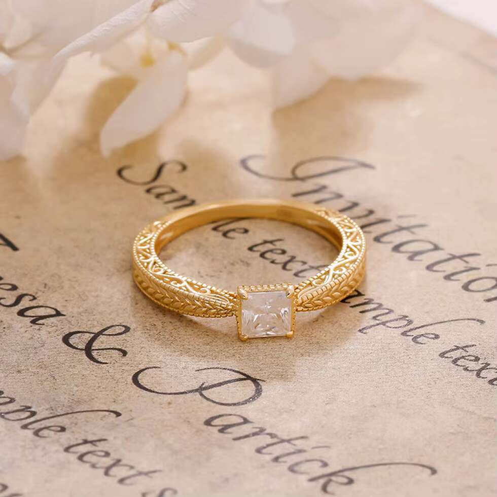 925 Sterling Silver 14K Gold Plated Gemstone Retro Style Geometric Square Moissanite Zircon Ring