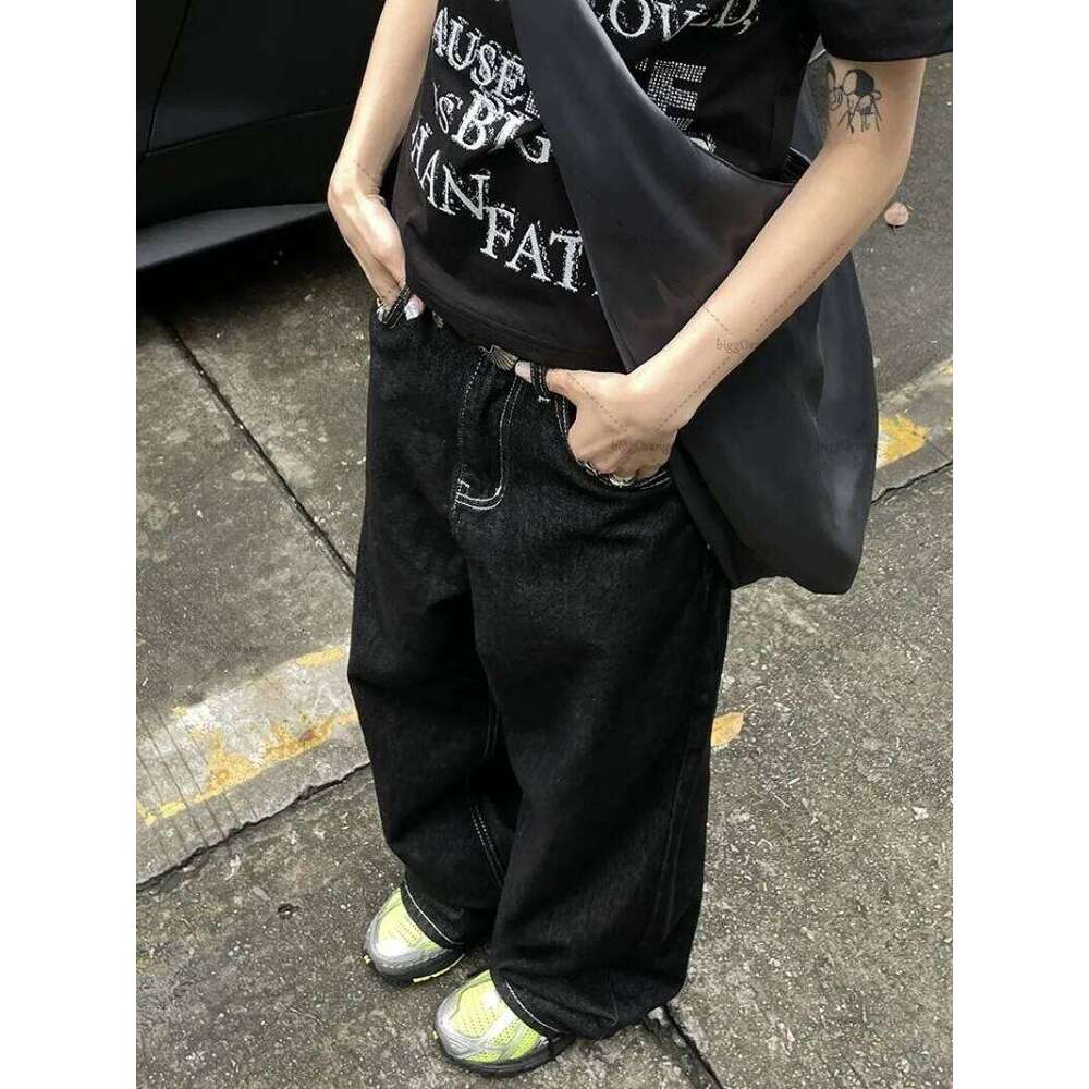 New Haruku Trendy Y2k Streetwear Trousers American Retro Embroidered Washed Baggy Jeans Women Casual Straight Wide-Leg Pants