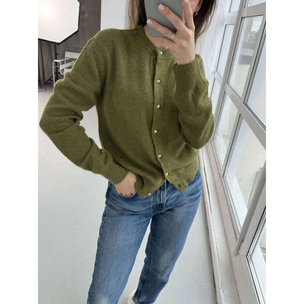 Autumn Women's Casual Wool Solid Color Round Neck Long Sleeve Loose Cardigan Sweater