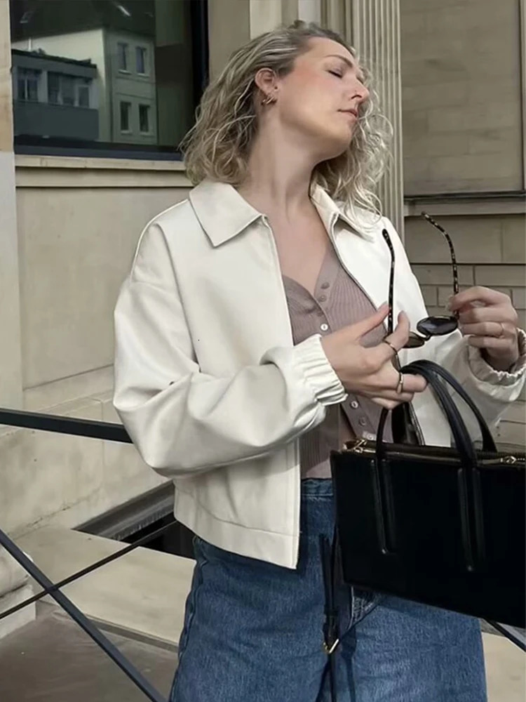 Casual Solid Color Zipper Jacket Vintage Turndown Collar Loose Long Sleeved Short Coat Spring Autumn Fashion Women Overcoat Top 250530