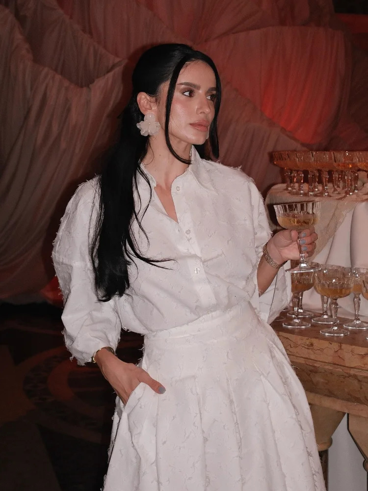 White Womens Tassel Shirt Skirt Sets Summer Loose Long Sleeve Button Top Pleated Mid Skirts Elegant Lady Commute Street Outfits 250530