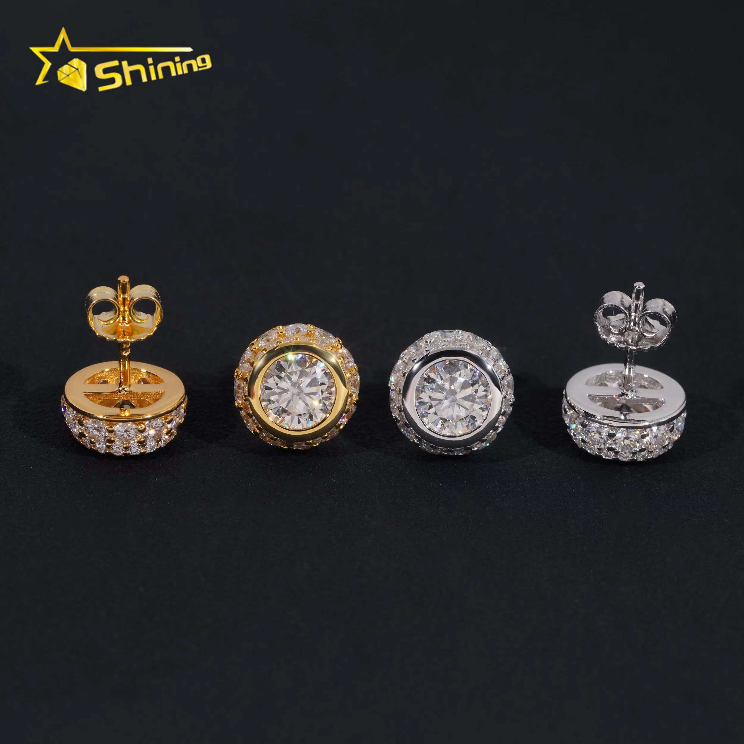 Hip Hop Luxury Gold Plated Bezel Setting 1ct Diamond Mens Silver Iced Out Moissanite Earrings