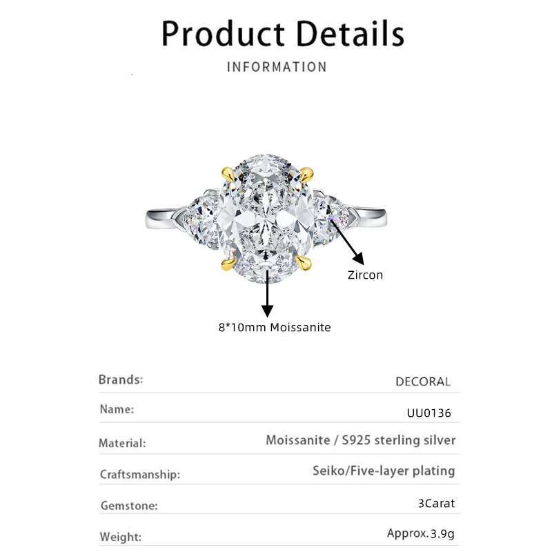 3Carat 8x10mm Oval Shape Ring With Pear Cut Moissanite Three Stone Moissanite Engagement Ring for Women
