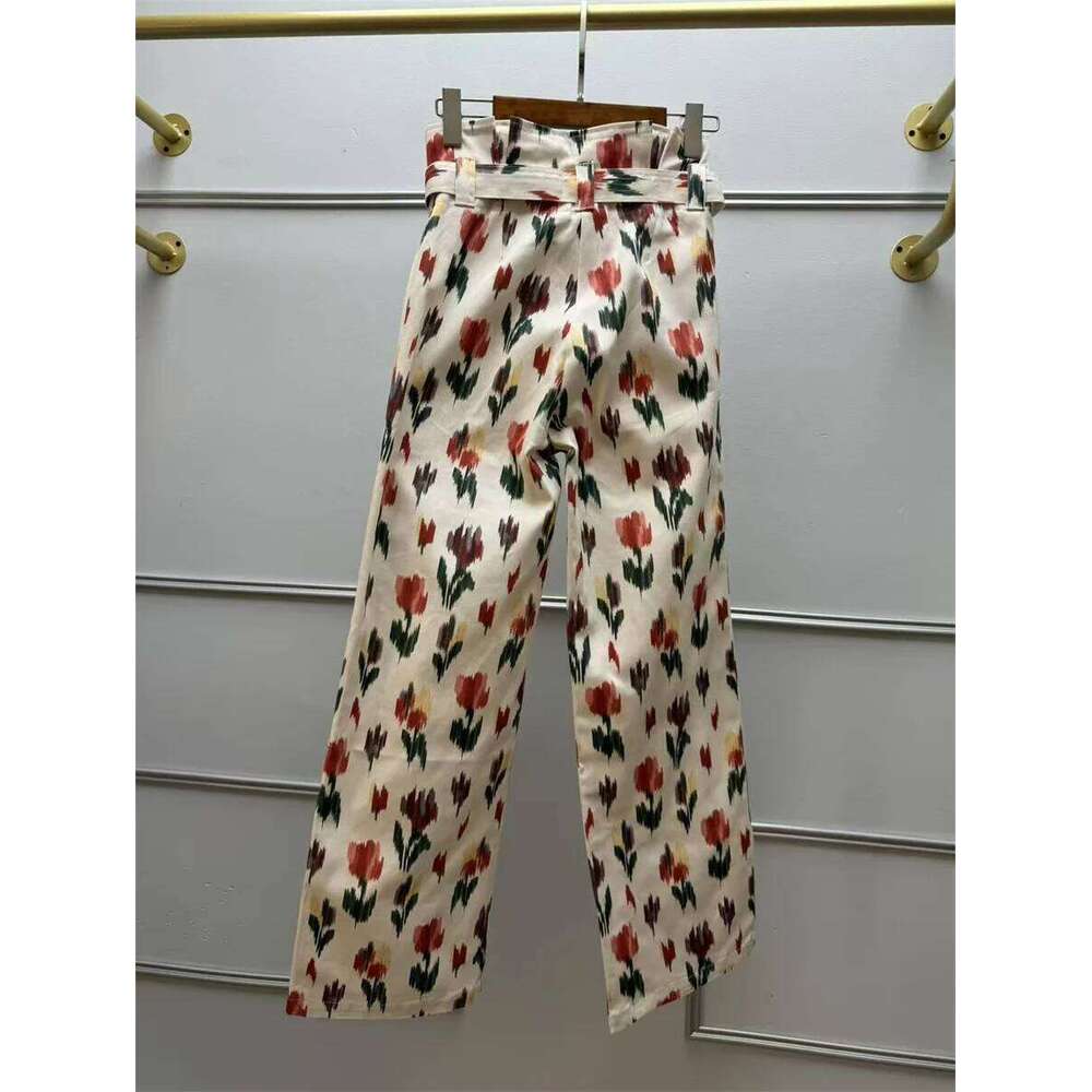 Women Lace-Up Ruffles High Waist Pants Cotton Colorful Printing Straight Casual Lady Loose Long Trousers 2025 Spring Summer