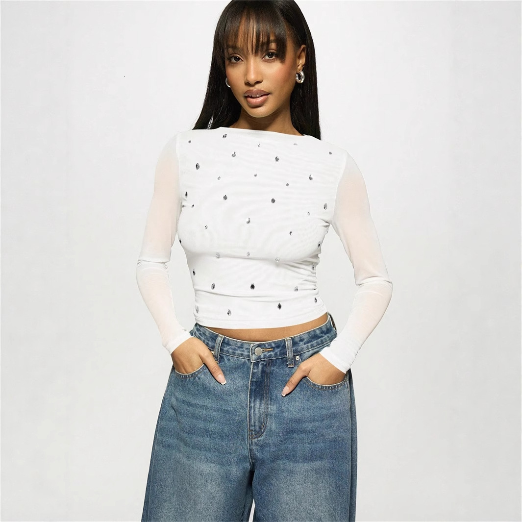 Designer T Shirt New European And American Women S Fashion Casual Printed Slim Fit Mesh Semi Transparent Hollow Long Sleeve T Shirt Essentials Summer 