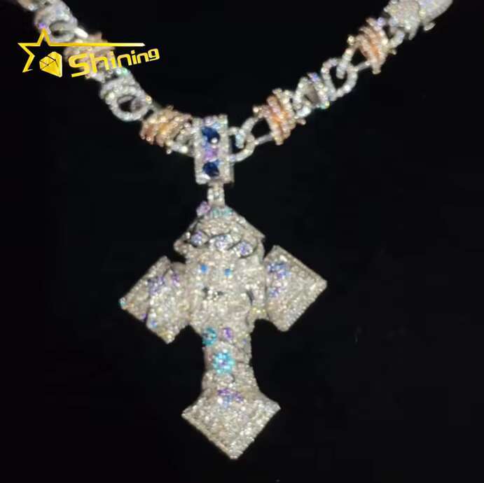 New Arrival Custom Iced Out 3D Charm Cross Pendant Moissanite Hip Hop Pendant Jewelry Multi-Colored VVS Moissanite Jesus Cross