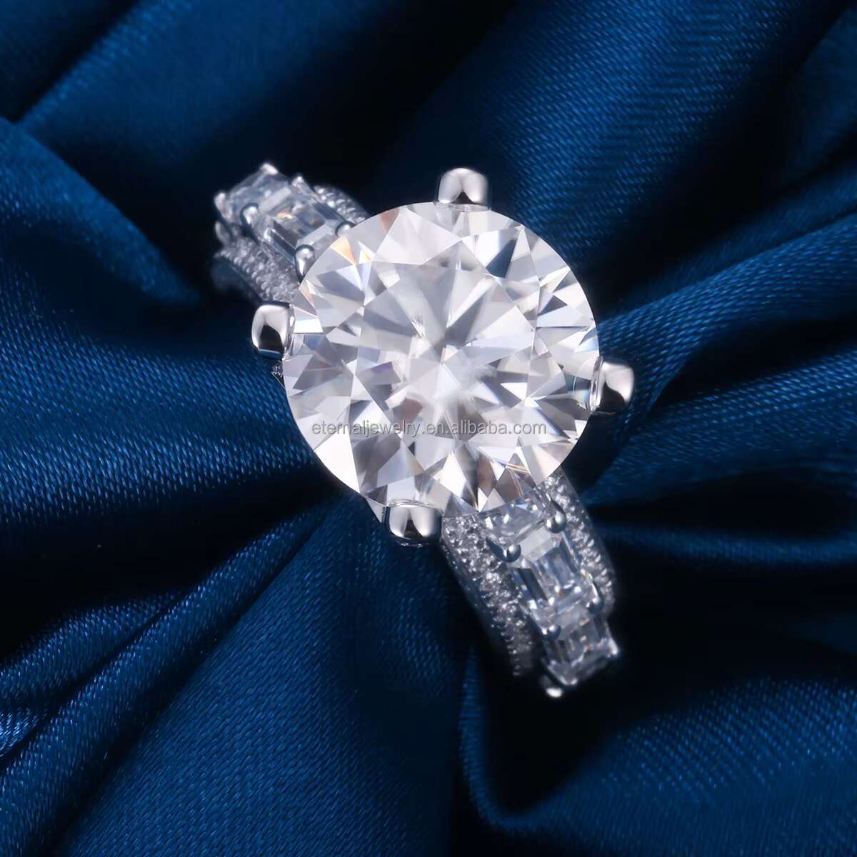 Custom Womens S925 Silver 9K 10K 14K 18K Solid Gold 3ct 5ct Round Cut VVS D Moissanite Diamond Baguette Wedding Engagement Ring