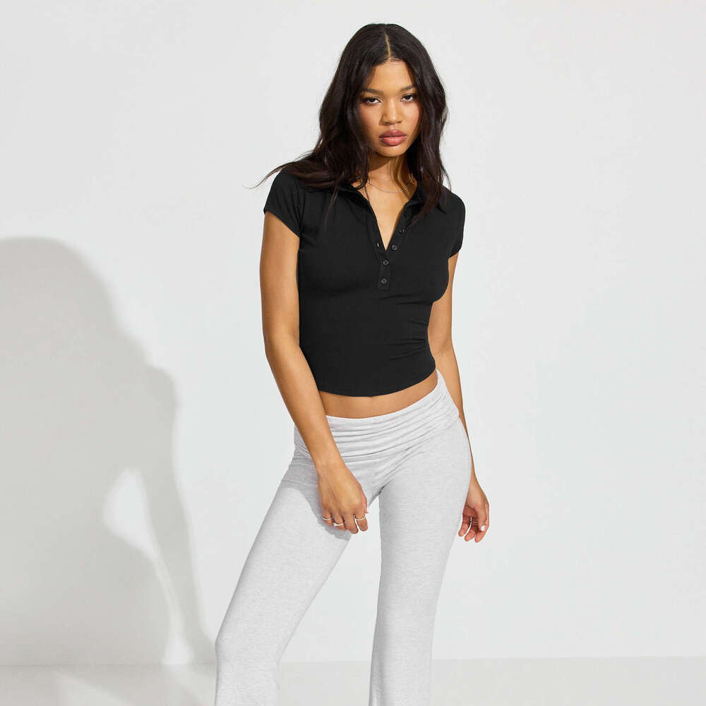 2025 Spring/Summer New Polo Collar Button Short Sleeve Slim Fit Sports Waist-Tied Versatile Top