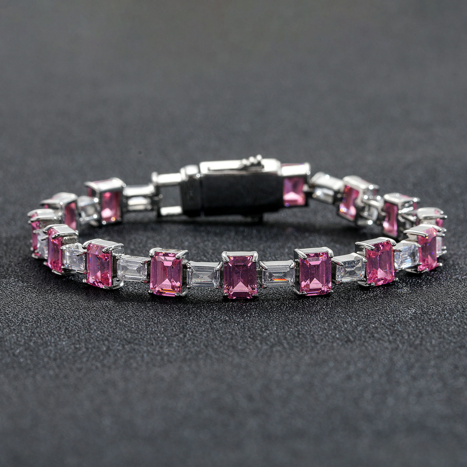 Hip Hop Bracelet Pink Color Block Square Moissanite Simple Tennis Chain Personality Hip Hop Moissanite Unisex Hip Hop Trendy Brand Bracelet moissanite