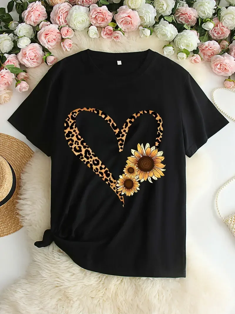 Plus Size Leopard Heart Print Designer T-Shirt Casual Crew Neck Short Sleeve T-Shirt Women's Plus Size Clothing 100% Cotton Sexy Female Tops