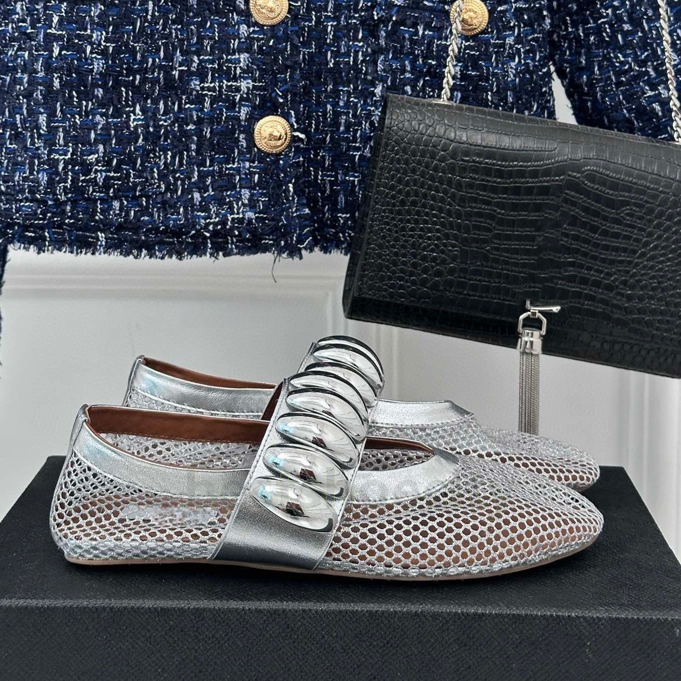 summer ballet flats heels womens loafers hollow mesh sandals breathable light retro metal buckle strap women mary jane shoes size 35-41