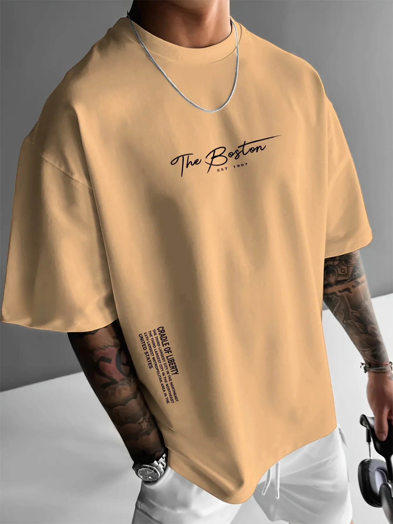 Mens Casual Fashion T-shirt Printed Cotton Boston Slogan Letter Crew Jumper Summer Daily Outdoor Sports Leisure Sports 250530