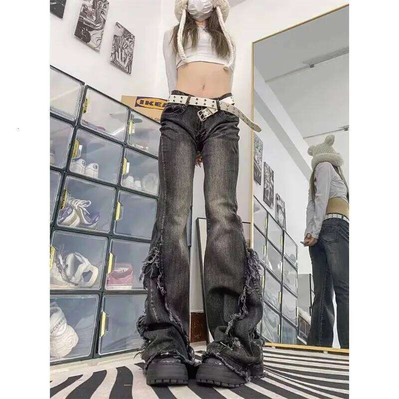 Y2k High Street Washed Black Micro Flared Jeans For Women Spring Hot Girl Belt Frayed Edge Design Slimming And Wide Leg Pants