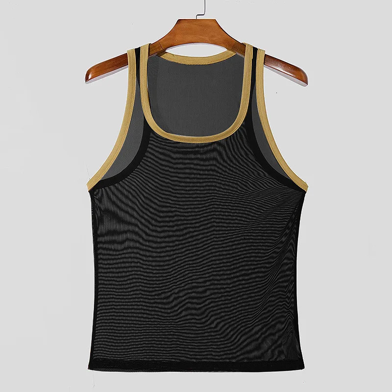 Men Mesh Tank Tops Summer 2025 Clubwear Casual Vest U Neck Sleeveless Contrast Color Fishnet Tshirt Comfortable Chic Tees 250527