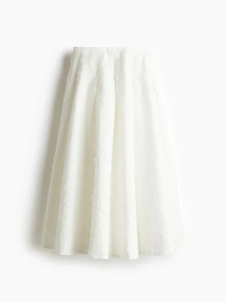 White Womens Tassel Shirt Skirt Sets Summer Loose Long Sleeve Button Top Pleated Mid Skirts Elegant Lady Commute Street Outfits 250530