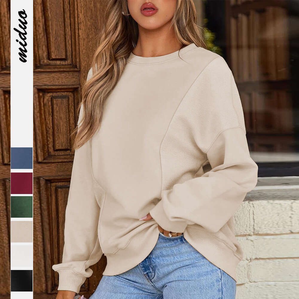 Decorative Line Solid Color Round Neck Loose Trendy Sweatshirt Pullover for Women in Autumn and Winter