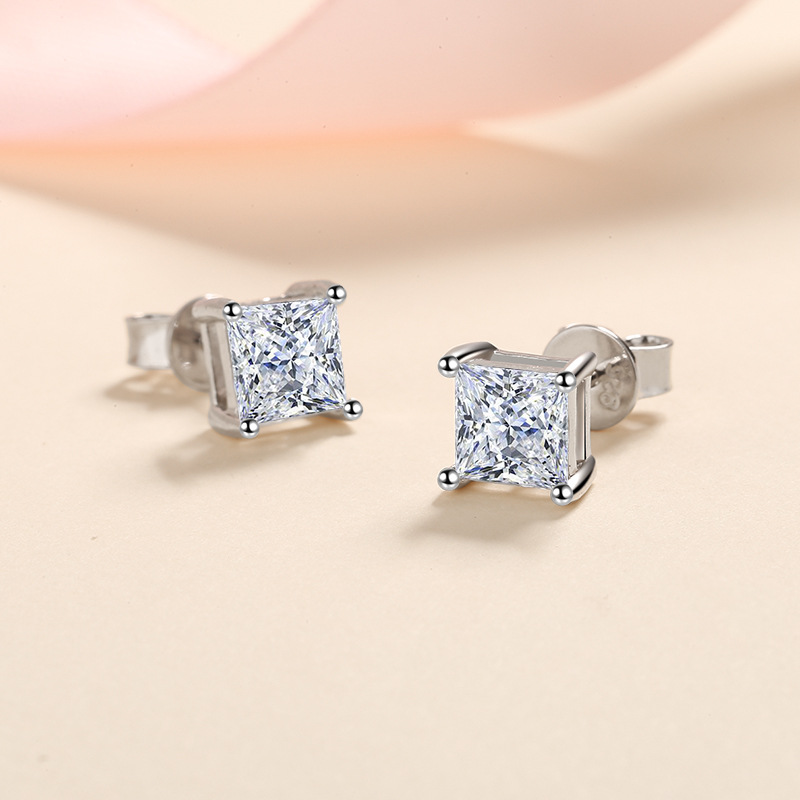 925 Sterling Silver Princess-Cut Moissanite Stud Earrings for Women, Square Shaped Diamond-Like Earrings, Elegant and Sparkling Silver Jewelry