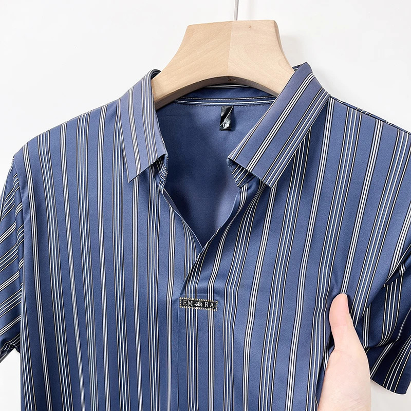 High-end Ice Silk Short-sleeved T-shirt Striped Printr Polo Shirt Business Casual er Scissor Collar Anti-wrinkle Top 250529