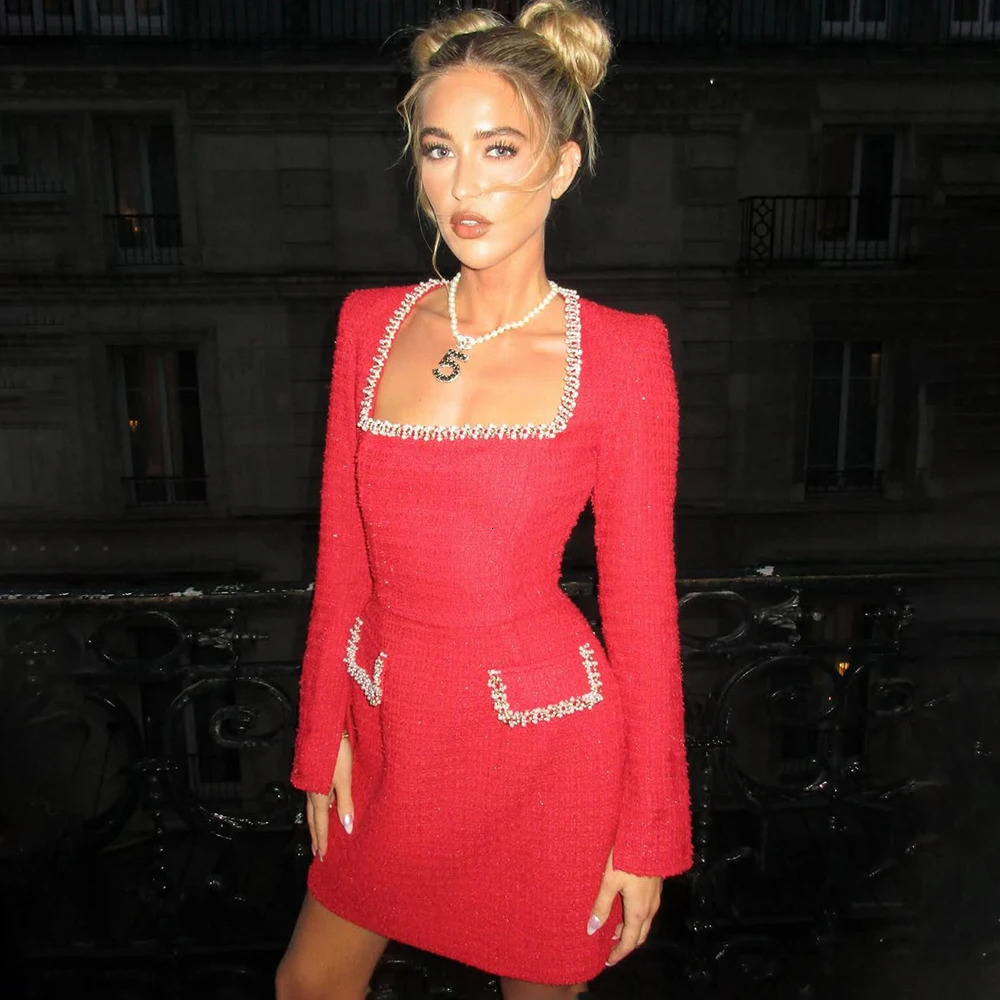 Talenza Long Sleeve Tweed Dress Womens Elegant Square Neck Party Evening Gown Retro Slim Patchwork Short Dress Vestido 250529