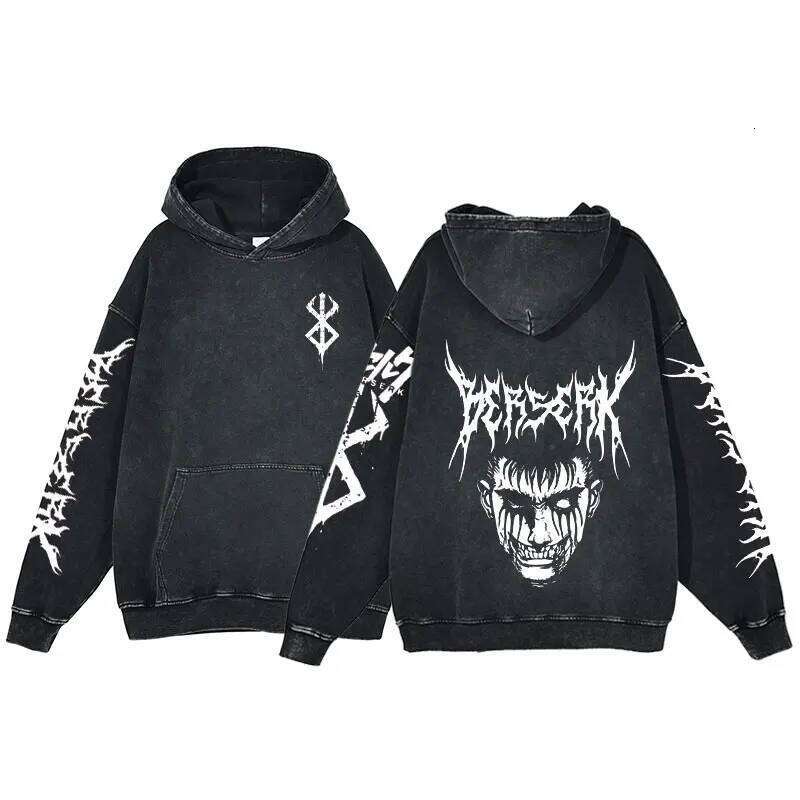 Coats Designer Women Berserk Anime Acid Washed Hoodie Men's Clothing Vintage Cotton Hoodies Women Hip Hop Hooded Sweatshirts Y2k Clothes Oversize