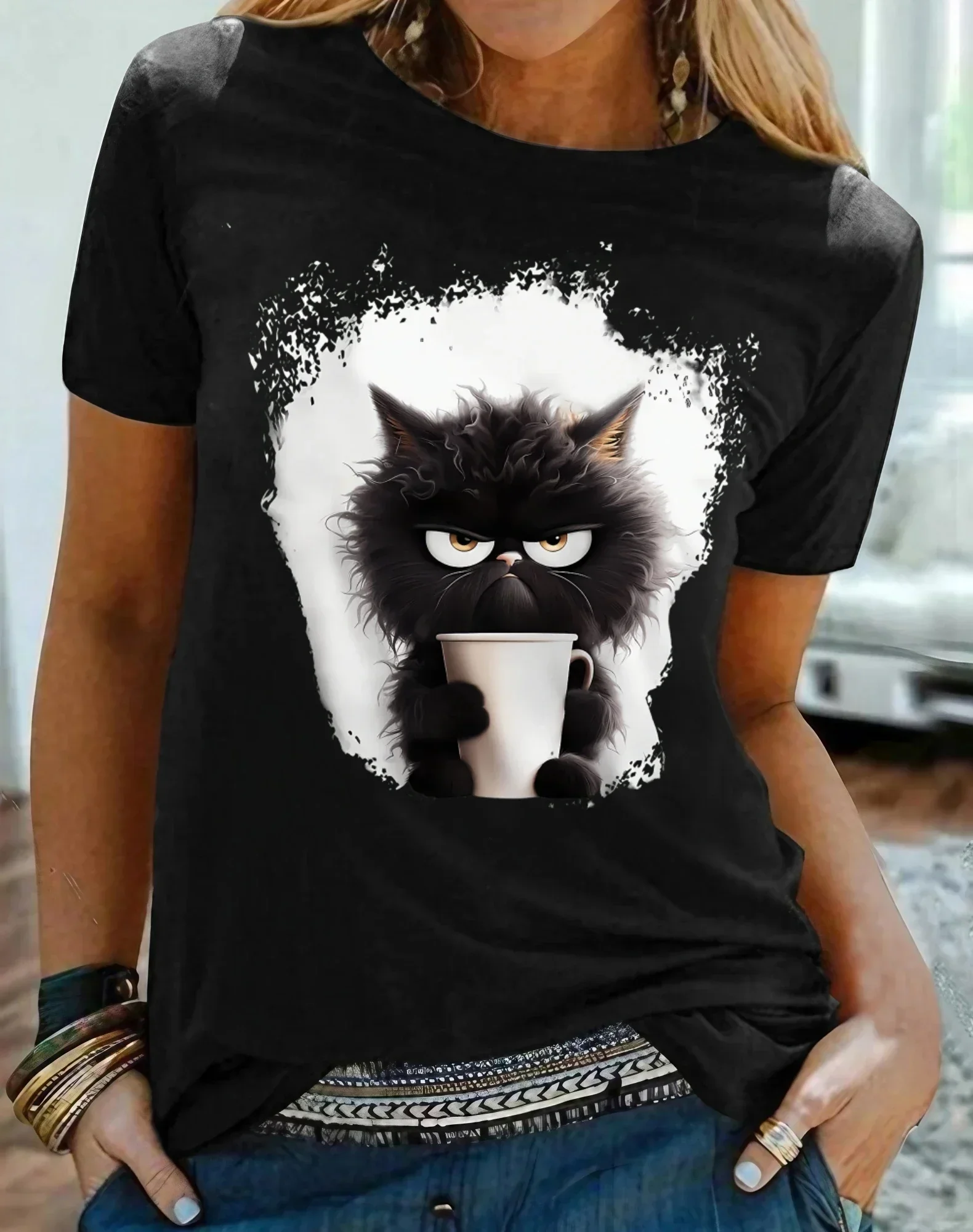 Women's Designer T Shirt Tee Cat Daily Weekend Black Print Short Sleeve Fashion Funny Round Neck Regular Fit Summer O-neck 100% Cotton Tops