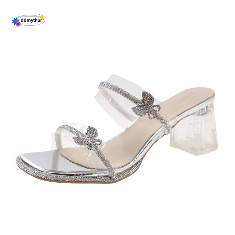 Transparent Crystal Sandals Fairy 2025 Summer New Heels French Style Rhinestone Dress Slippers High Appearance ddmythur