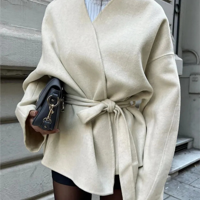 Elegant Belt Lace Up Woolen Jacket For Women Autumn Fashion Long Sleeve Short Jacket 2025 Lady Streetwear Outerwears Female 250530