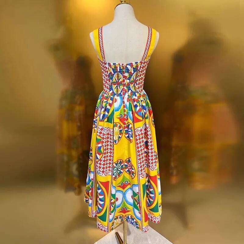 Summer Holiday Spaghetti Strap Long Dress Women's Padded Cup Colorblock Print Zipper Elastic Backless Beach Midi Vestidos