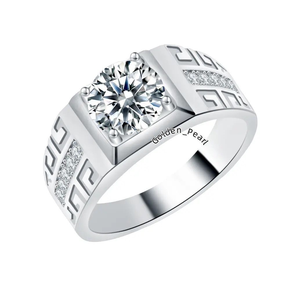 Hip Hop Custom 925 Sterling Silver Cz Moissanite Mens Patterned Rings Round Cut for Mens Wedding Engagement Ring