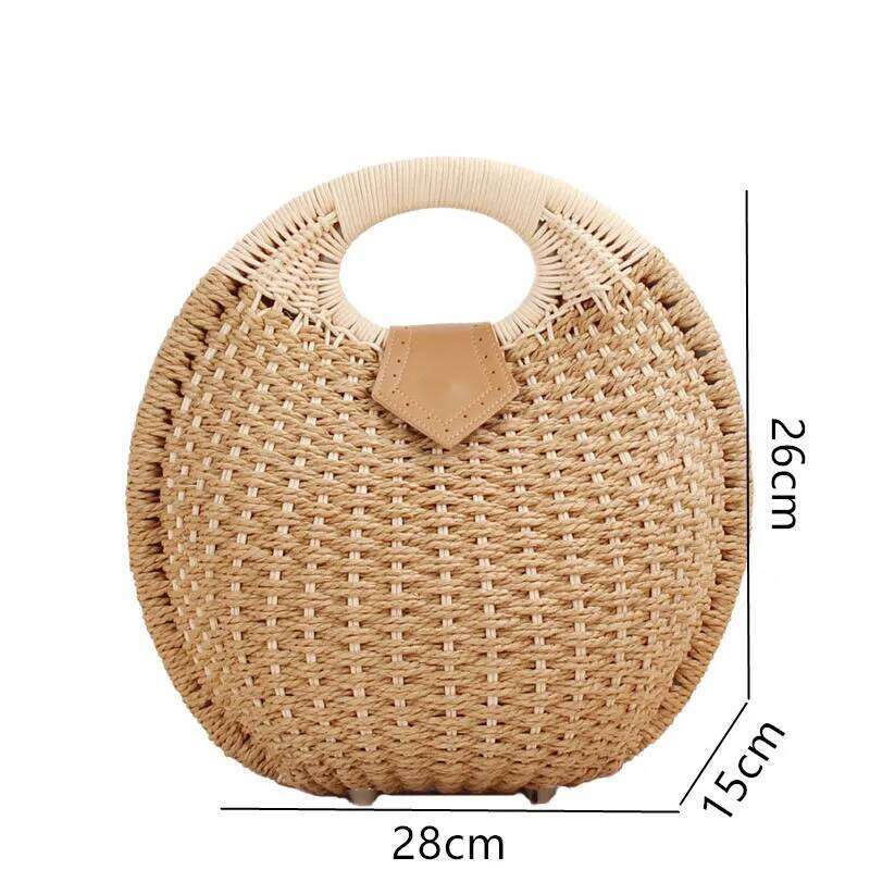 Women's Natural Rattan Handwoven Round Shell Handbag Top-handle Summer Fashion Bohemia Female Casual Tote Clutch Beach Bag