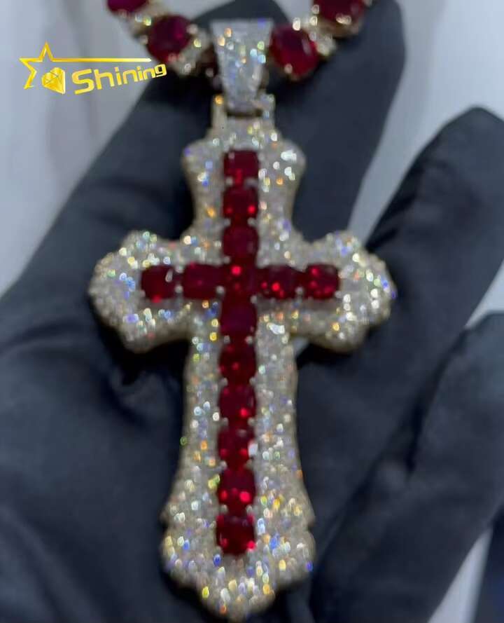 Custom Iced Out Fashion Hip Hop Cross Pendant Jewelry Tennis Chain 925 Silver VVS Moissanite Red Diamond Cross Pendant for Men