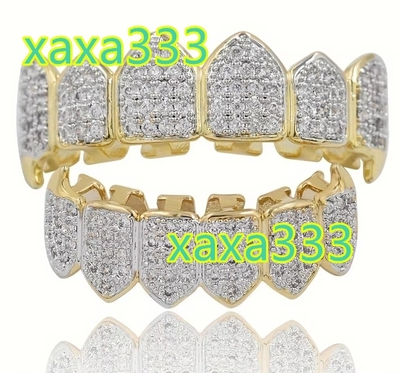 Hip Hop Bling Micro Paved Diamond Grillz Iced Out Gold Silver Top and Bottom Teeth Grillz